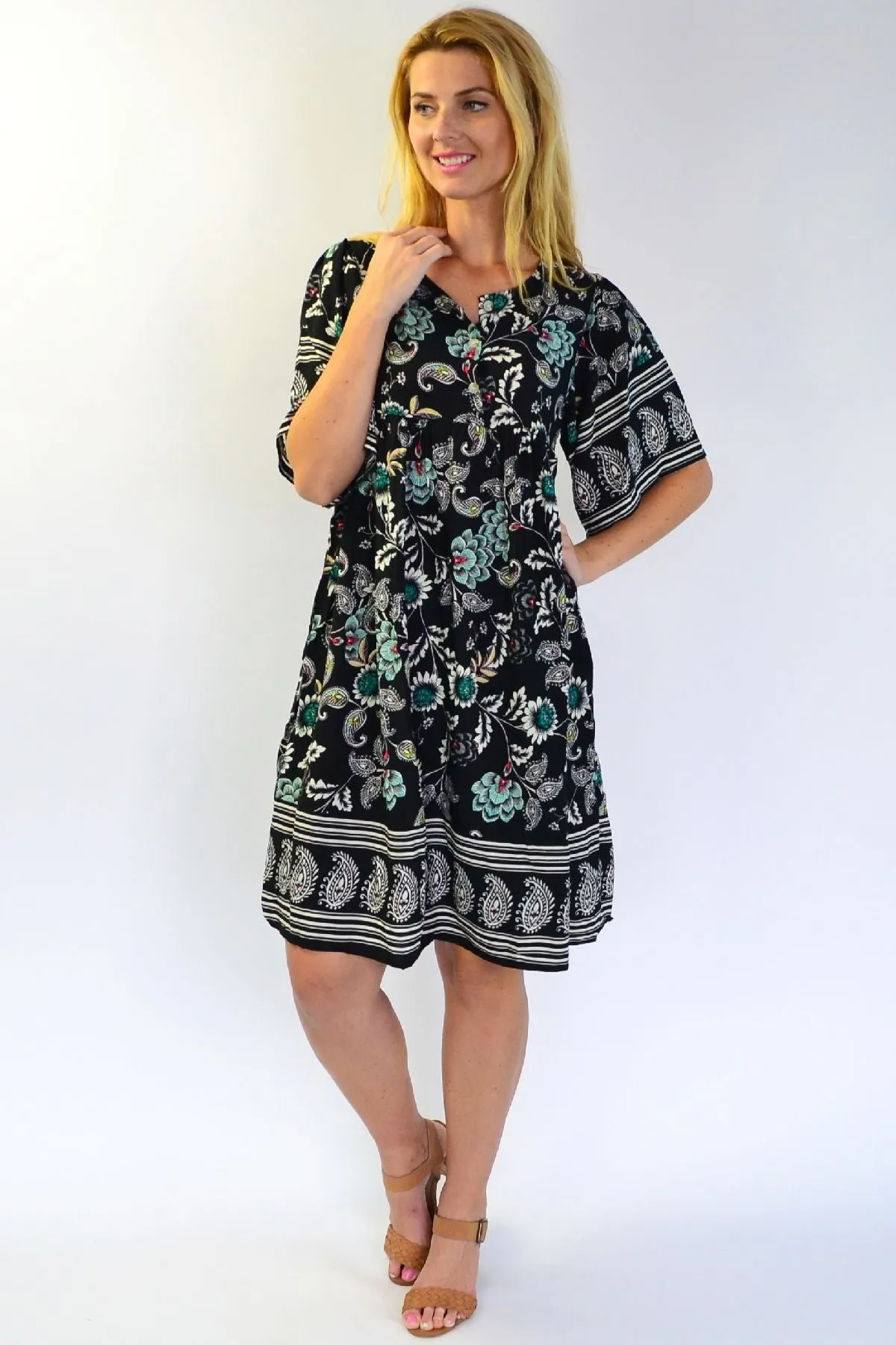 Black Paisley bell sleeve Tunic Dress