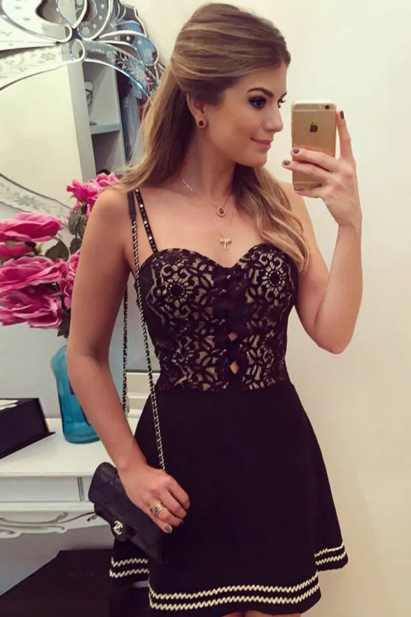 Black Sweetheart Spaghetti Homecoming Dress,Hollow Short Prom Dress, SH235