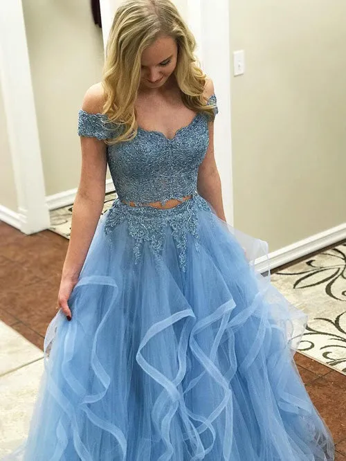 Blue Tulle Off Shoulder Two Piece Prom Dresses Lace Formal Dresses, SP350