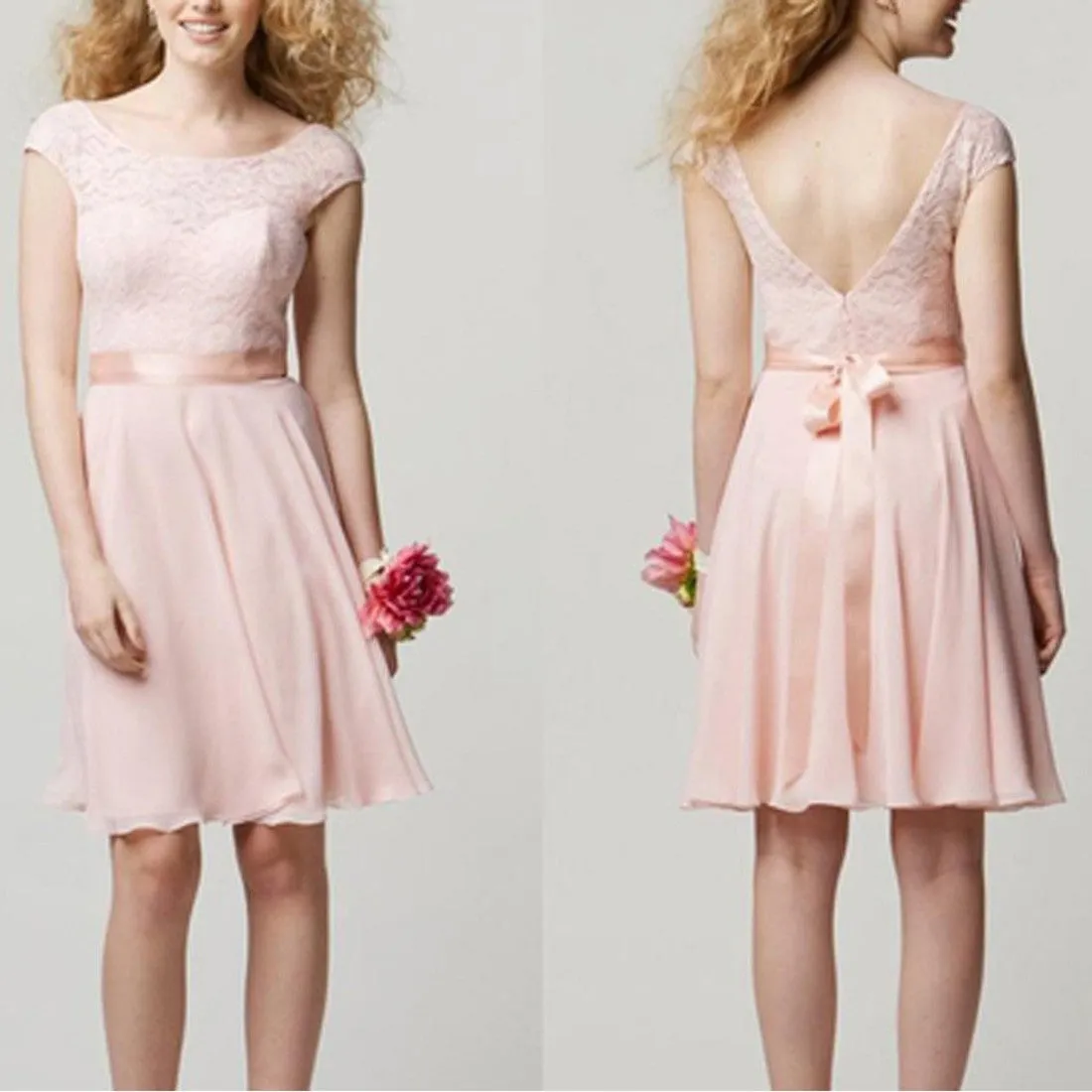 Blush Pink Lace Knee Length Cap Sleeve Cheap Popular Short Wedding Bridesmaid Dresses,SVD483