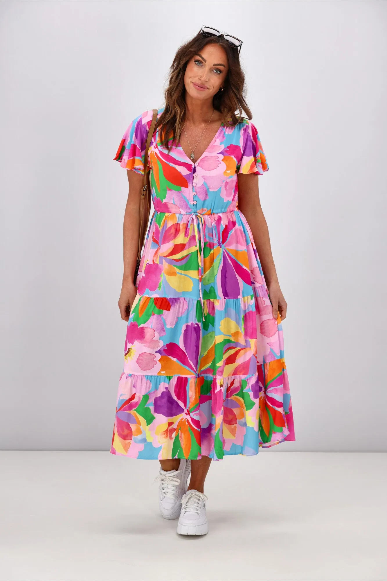 Boho Australia Hibiscus Hues Midi Dress Multi