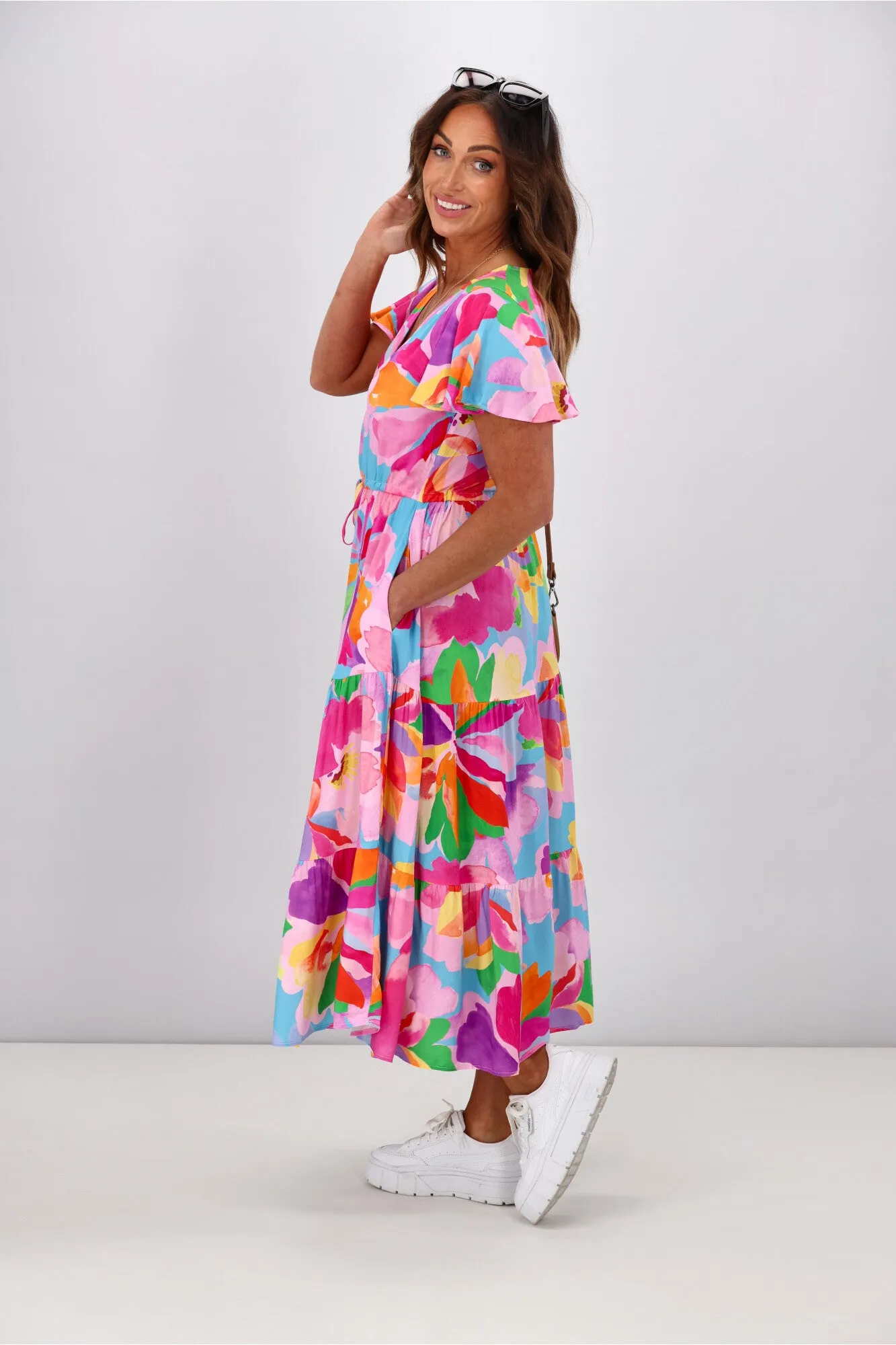 Boho Australia Hibiscus Hues Midi Dress Multi