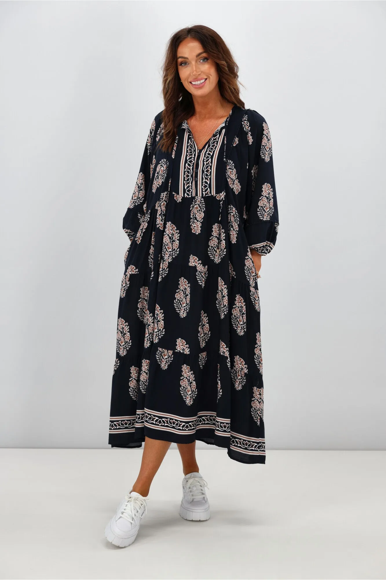 Boho Australia Maisha Dress Navy Brown Print