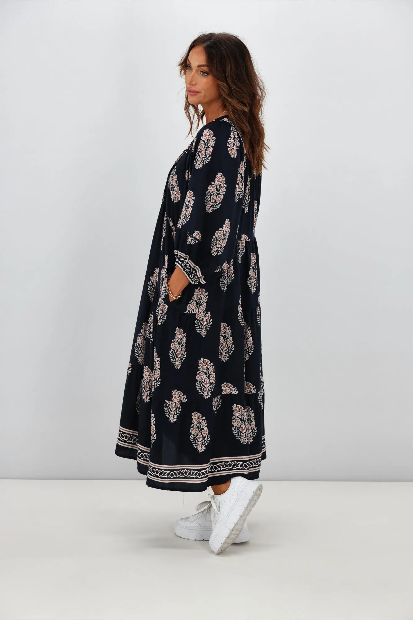 Boho Australia Maisha Dress Navy Brown Print