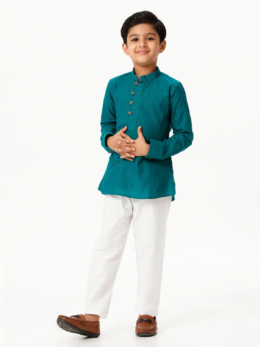 Boys Breeze Cotton Full Sleeves Peacock Green Kurta with Pyjama Pant Combo