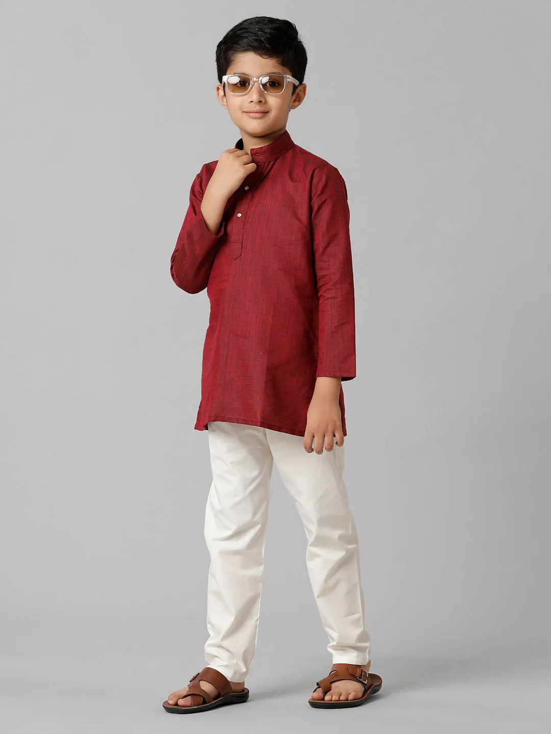 Boys Cotton Full Sleeves Maroon Kurta with Cream Pyjama Pant Combo FS7