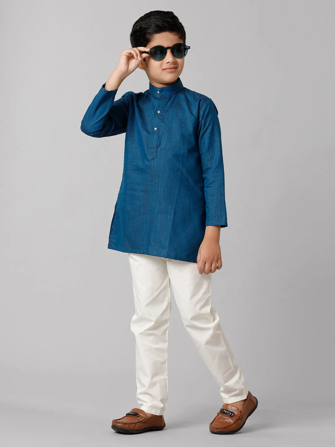 Boys Cotton Full Sleeves Navy Kurta with Cream Pyjama Pant Combo FS8