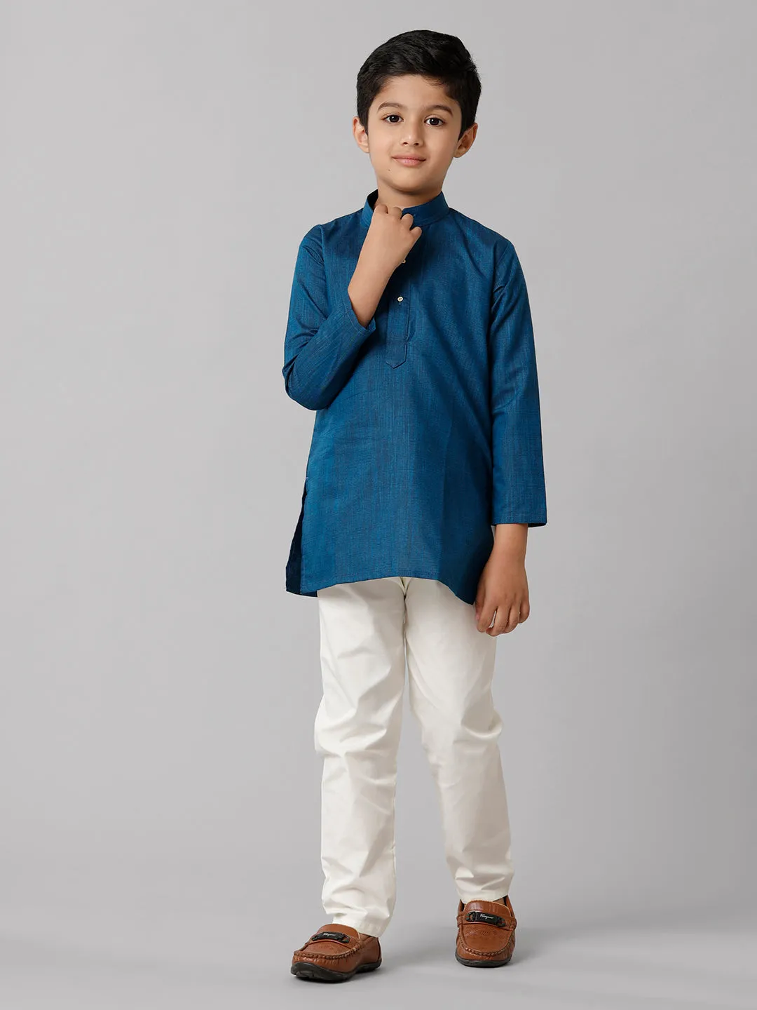 Boys Cotton Full Sleeves Navy Kurta with Cream Pyjama Pant Combo FS8