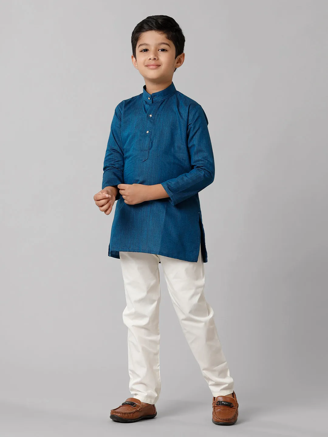 Boys Cotton Full Sleeves Navy Kurta with Cream Pyjama Pant Combo FS8