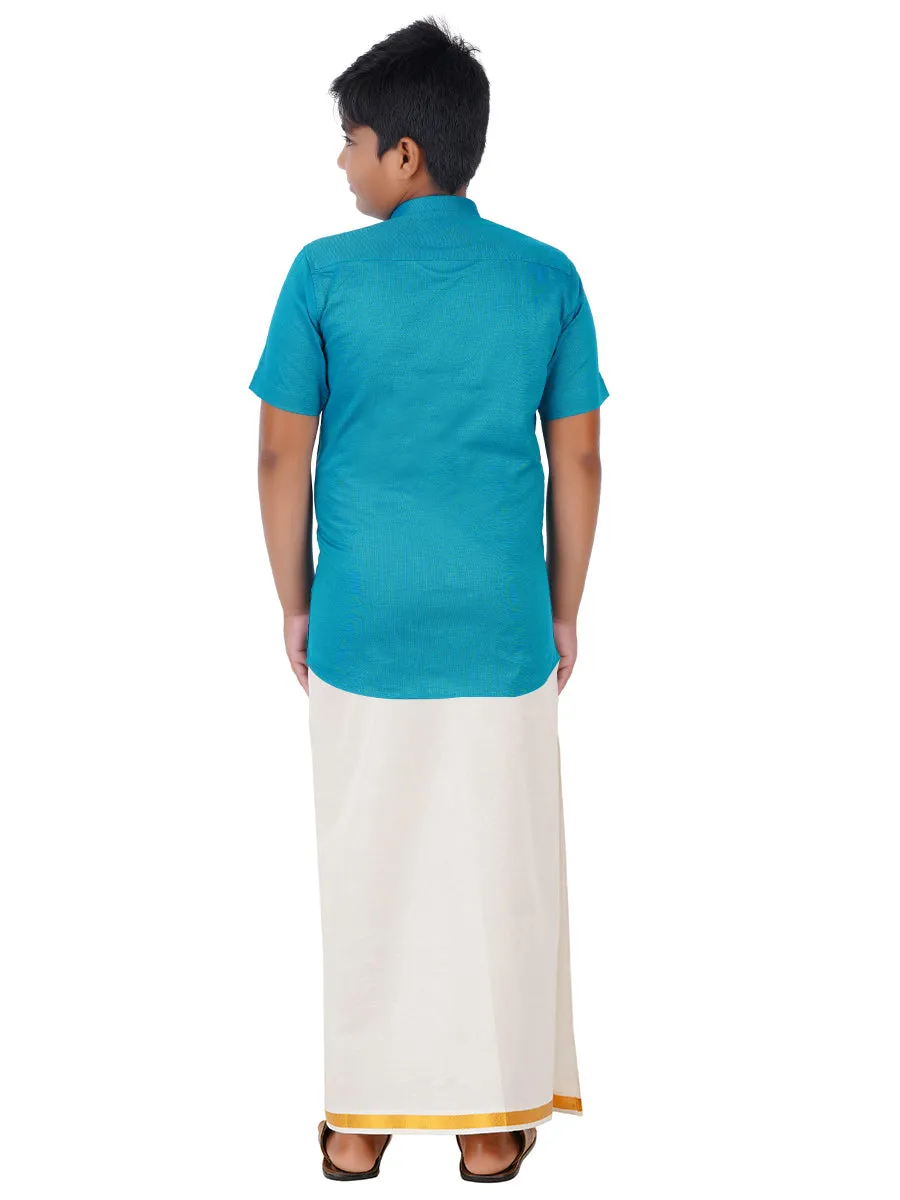 Boys Giza Cotton Shirt & White Dhoti Set Blue GL15