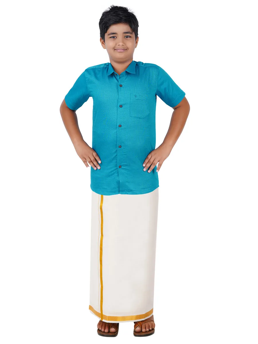 Boys Giza Cotton Shirt & White Dhoti Set Blue GL15