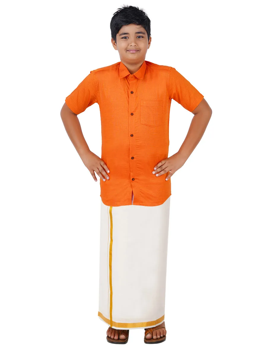 Boys Giza Cotton Shirt & White Dhoti Set Orange GL1