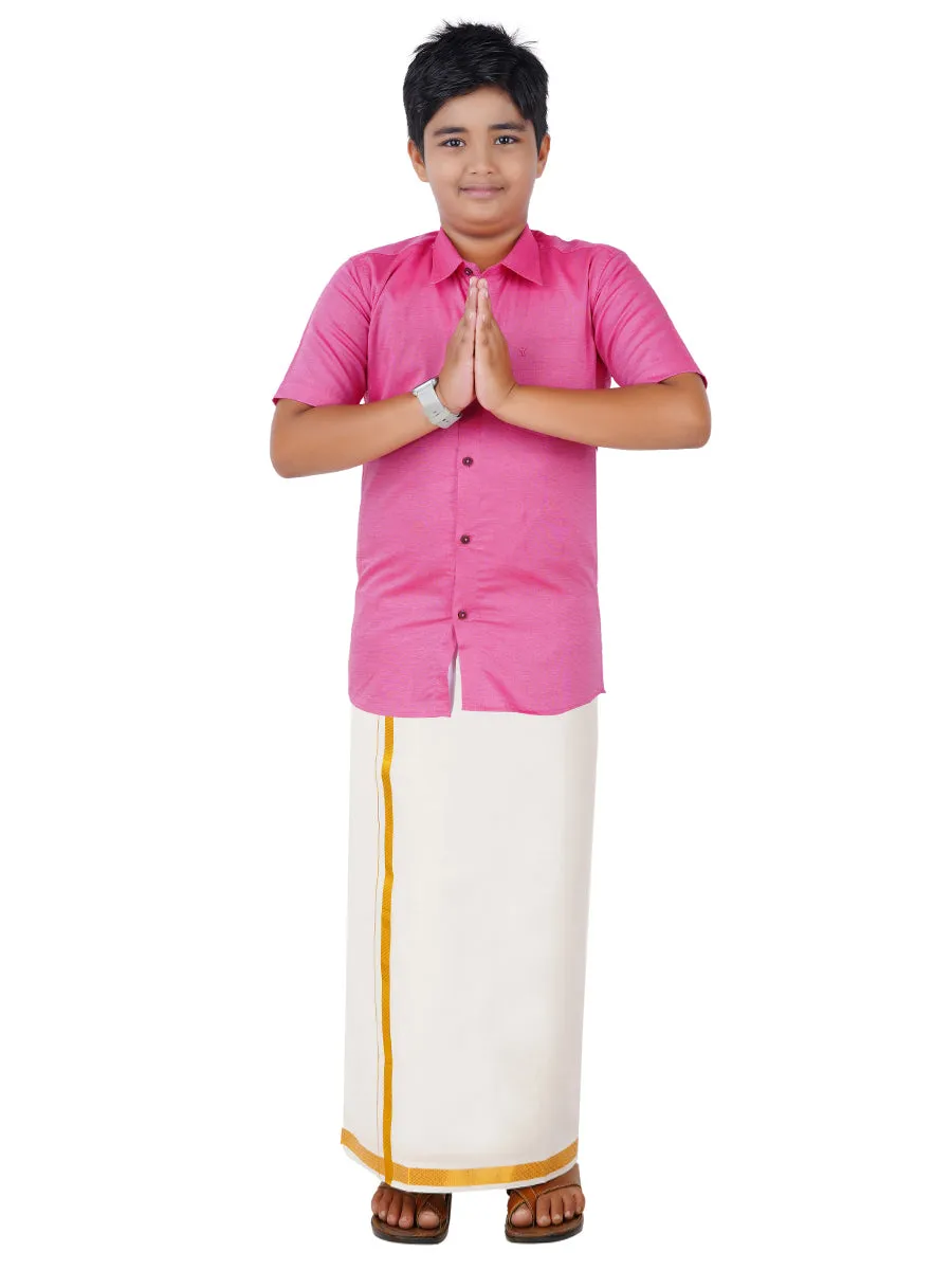 Boys Giza Cotton Shirt & White Dhoti Set Pink GL4