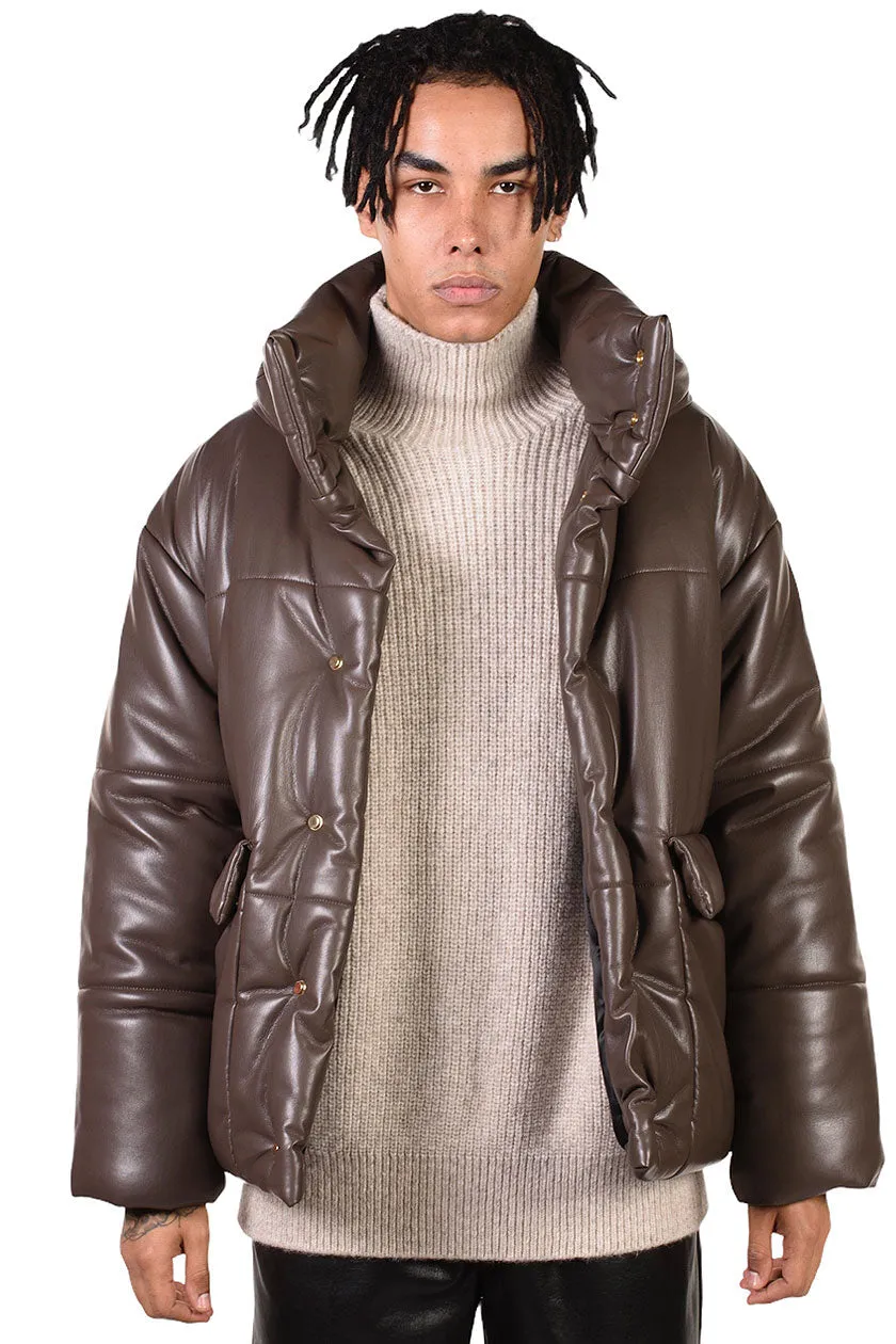 Brown Vegan Leather Puffer Jacket