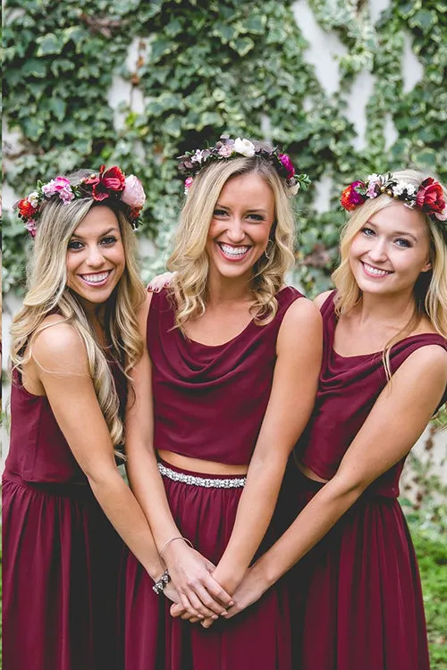 Burgundy Chiffon Two Piece Bohemia A Line Long Bridesmaid Dresses, BD099