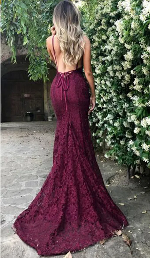 Burgundy Lace Long Prom Dresses, V Neck Spaghetti Strap Long Evening Dress, M122