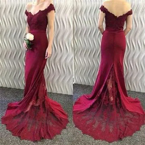 Burgundy Mermaid Off Shoulder Prom Dress With Small Train, Bridesmaid Dress M193