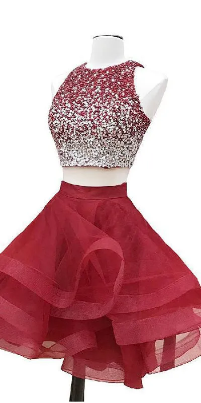 Burgundy Organza A-line Beaded Top Two Piece Homecoming Dresses, SH301