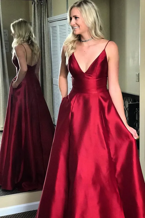 Burgundy Satin Cheap V-neck Formal Spaghetti Strap Long Prom Dresses, M206