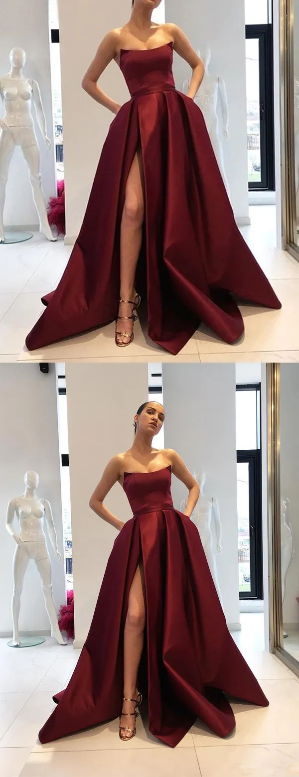 Burgundy Satin Strapless Pockets Ball Gown Fashion Prom Dresses,PD00152