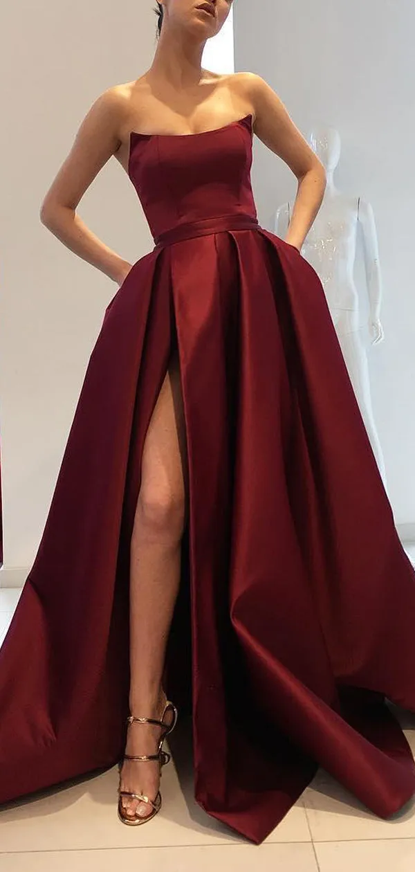 Burgundy Satin Strapless Pockets Ball Gown Fashion Prom Dresses,PD00152