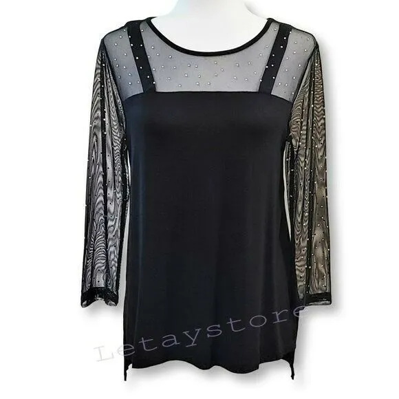 CABLE & GAUGE Mesh Yoke Rhinestone Hi-low Hem Blouse Top