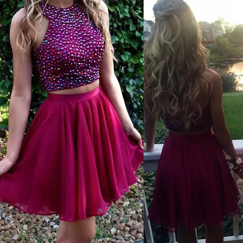 Charming Homecoming Dress Short two pieces beaded halter lovely Short prom dress, SH327