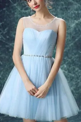 Charming Light Blue Graduation Dress,Illusion Tulle Cute homecoming prom dresses,SVD554