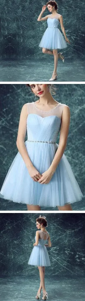 Charming Light Blue Graduation Dress,Illusion Tulle Cute homecoming prom dresses,SVD554