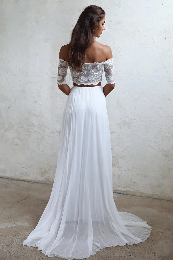 Charming White Chiffon Two Piece Off Shoulder Short Sleeve Lace Wedding Dress, SW171