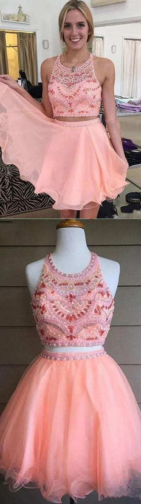 Chic Two Piece Tulle Charming Homecoming Dress Short Prom Dress Party Dress, SH310