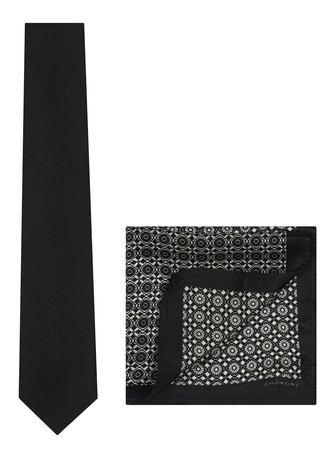 Chokore Black color Plain Silk Tie & Black and White silk pocket square set