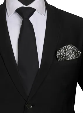 Chokore Black color Plain Silk Tie & Black and White silk pocket square set