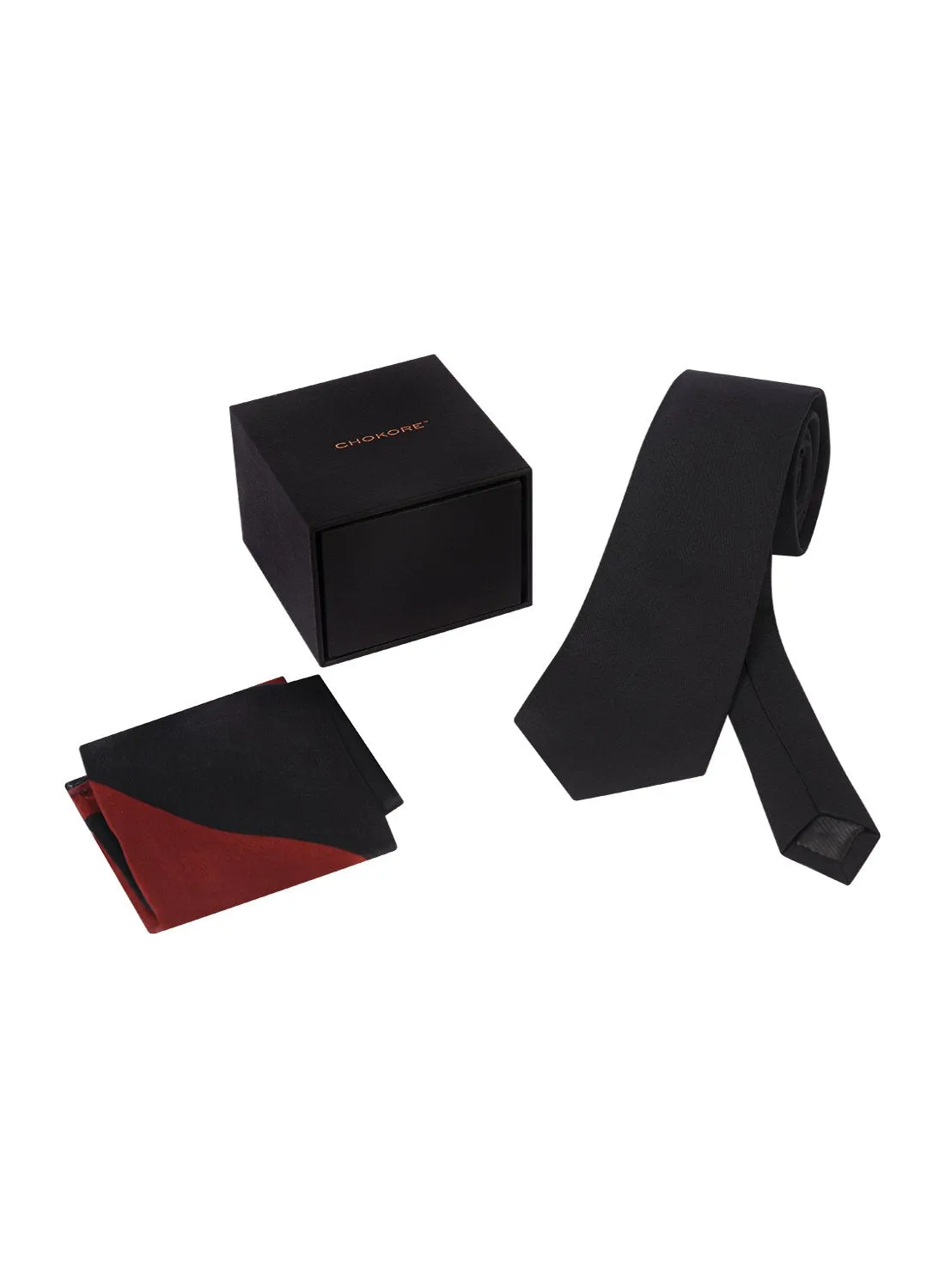 Chokore Black color Plain Silk Tie & Two-in-one Red & Black silk pocket square set