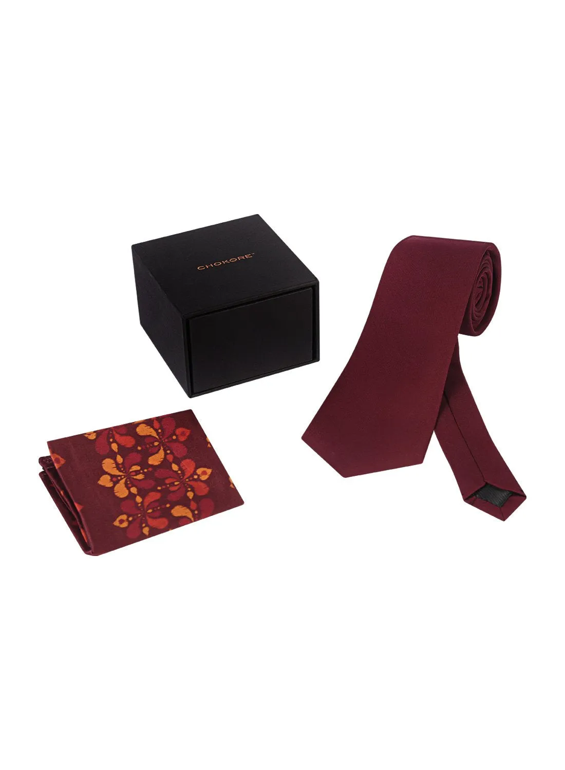 Chokore Burgundy color Plain Silk Tie & Burgundy floral print silk pocket square set