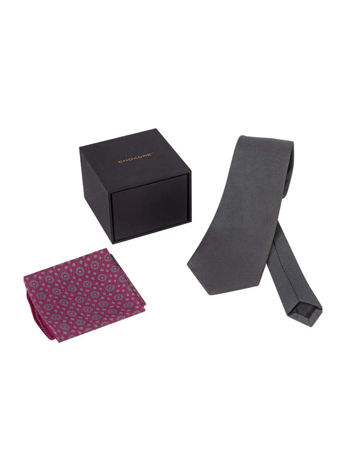 Chokore Dark Grey color silk tie & Magenta & Silver from Indian design Silk Pocket Square set