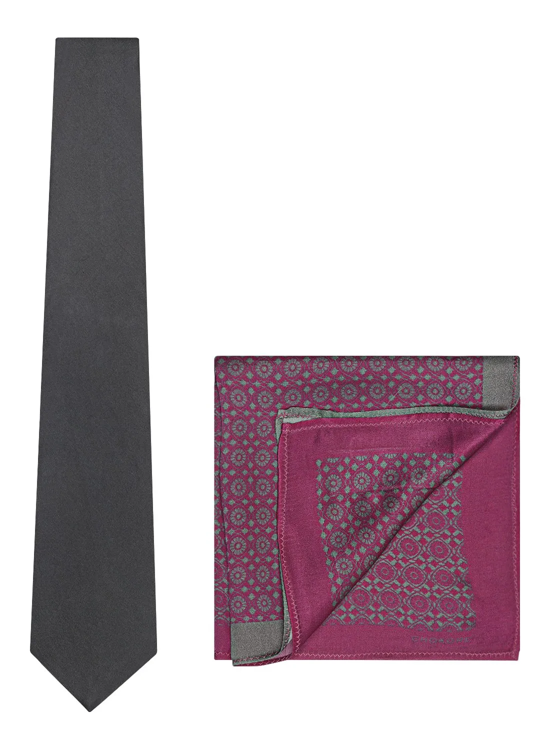 Chokore Dark Grey color silk tie & Magenta & Silver from Indian design Silk Pocket Square set