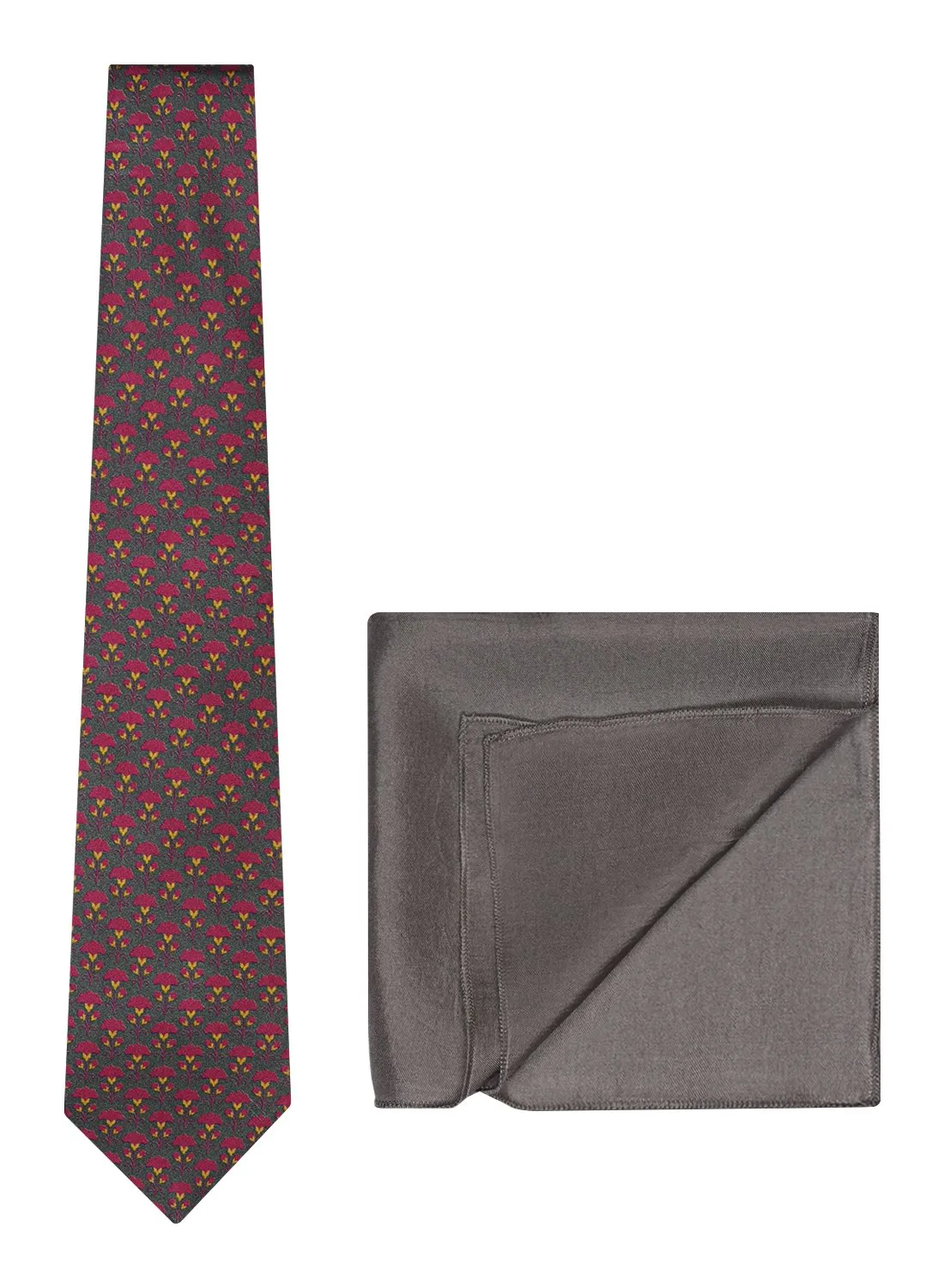 Chokore Grey & Magenta Silk Tie - Indian At Heart range & Plain Silver color Silk Pocket Square set