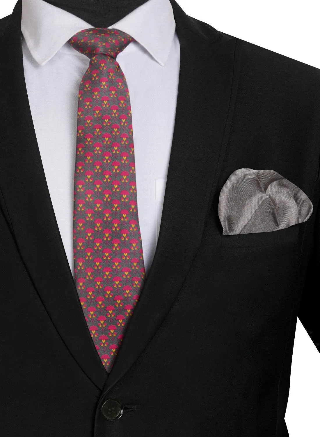 Chokore Grey & Magenta Silk Tie - Indian At Heart range & Plain Silver color Silk Pocket Square set