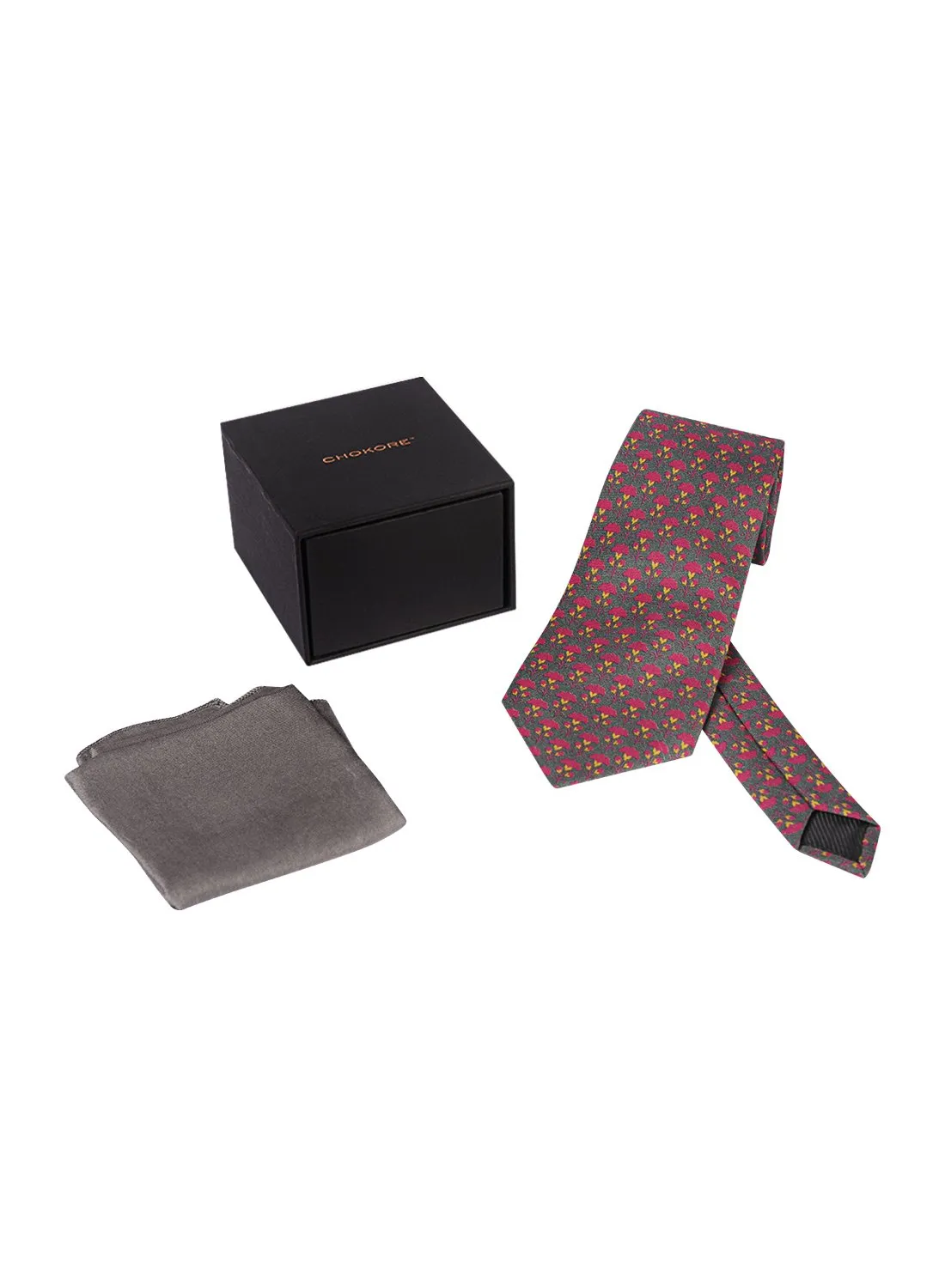 Chokore Grey & Magenta Silk Tie - Indian At Heart range & Plain Silver color Silk Pocket Square set