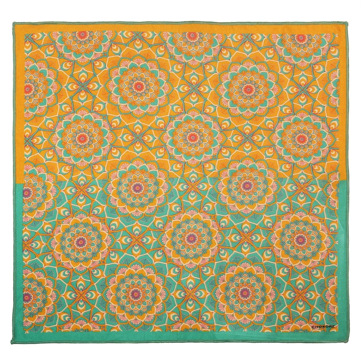 Chokore Men’s Silk 2-in-1 Pocket Square Indian At Heart Line (Sea Green and Orange)