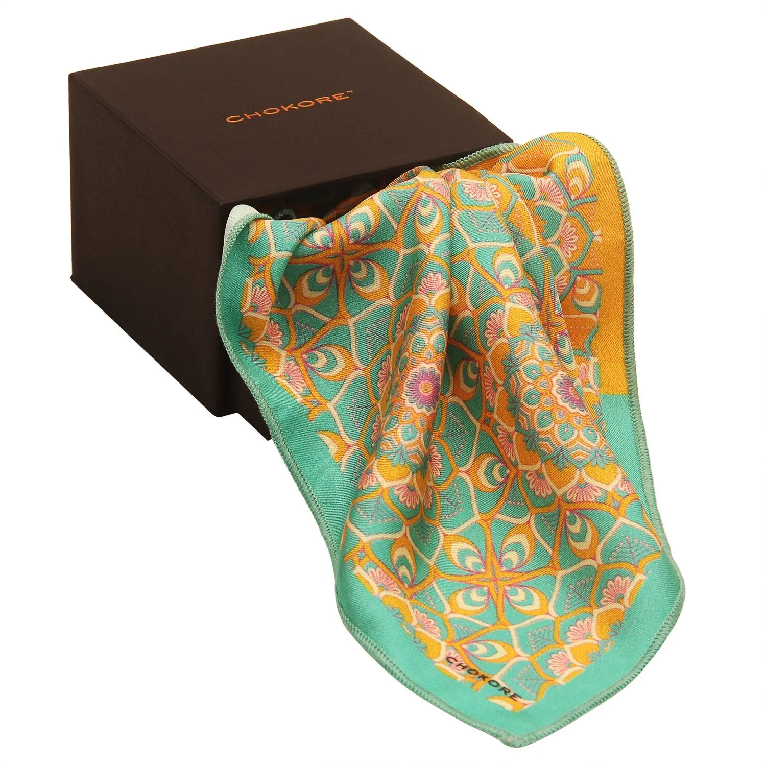 Chokore Men’s Silk 2-in-1 Pocket Square Indian At Heart Line (Sea Green and Orange)