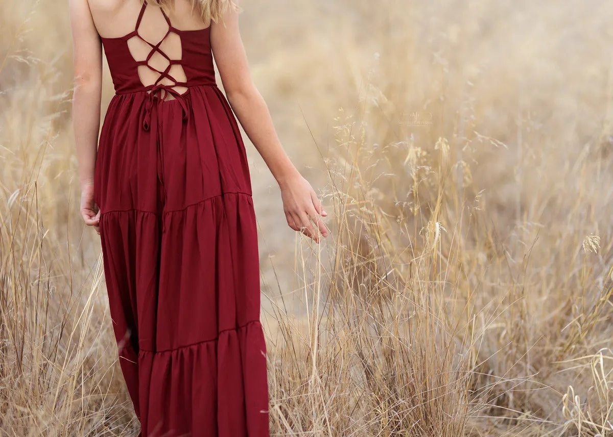 Clara Chiffon Girls Maxi Dress Burgundy