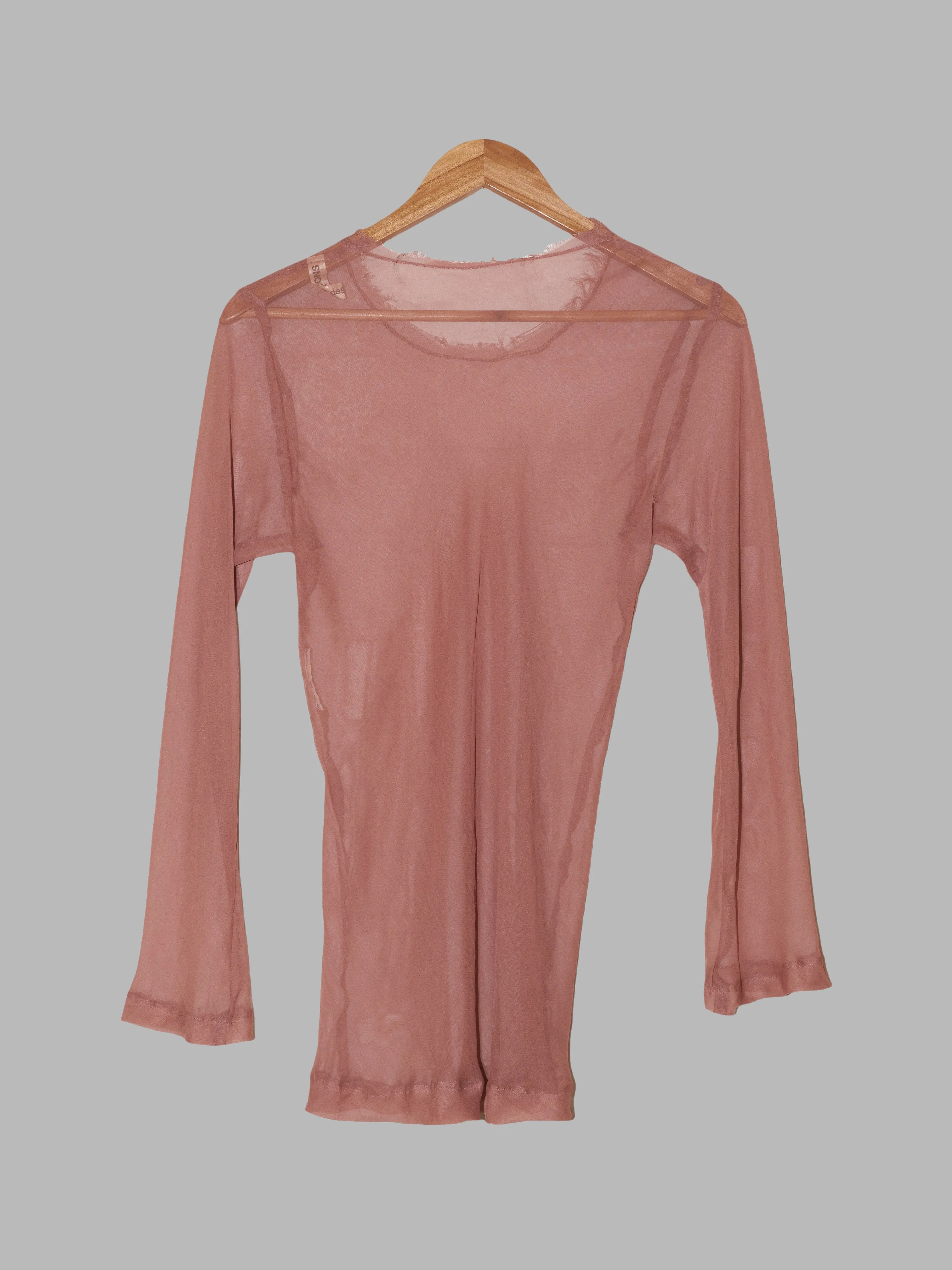 Comme des Garcons 1990s muted pink bias cut chiffon long sleeve top with frayed neckline