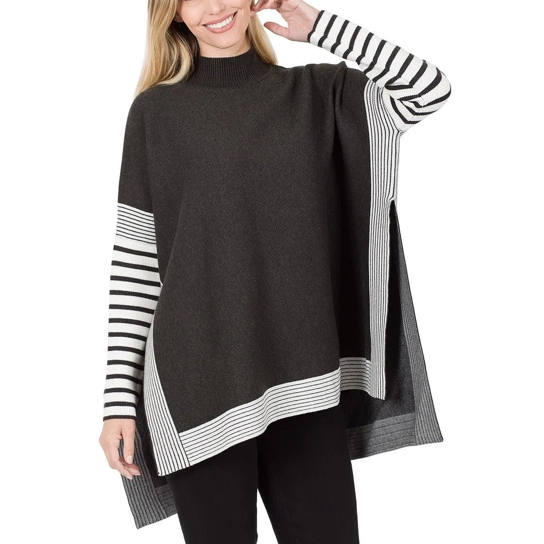 Contrast Mock Neck Poncho Sweater