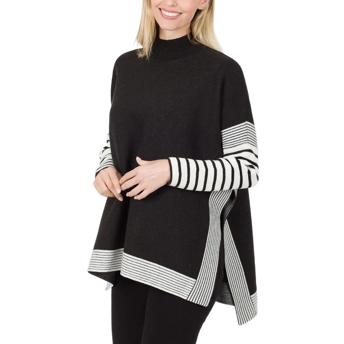 Contrast Mock Neck Poncho Sweater