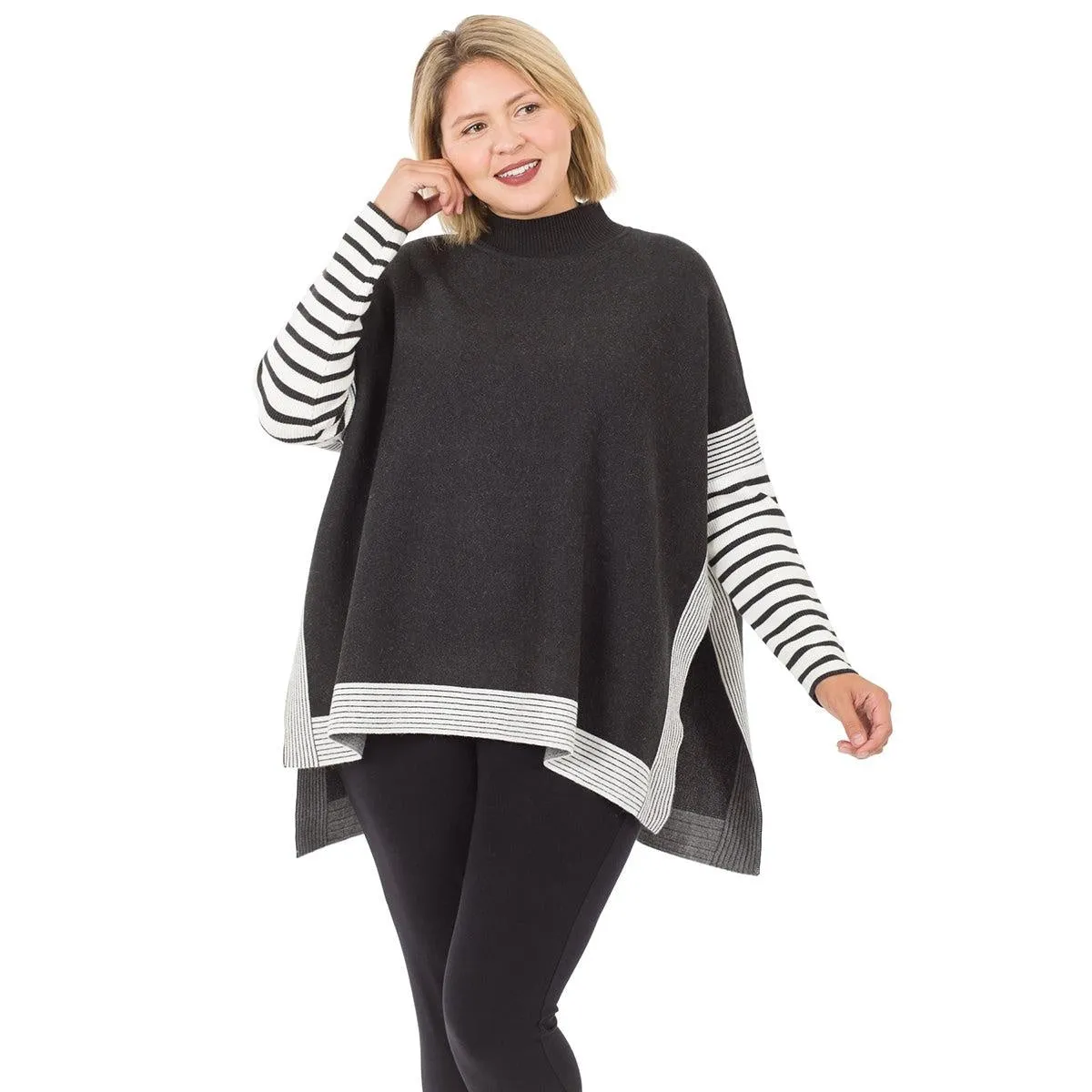 Contrast Mock Neck Poncho Sweater