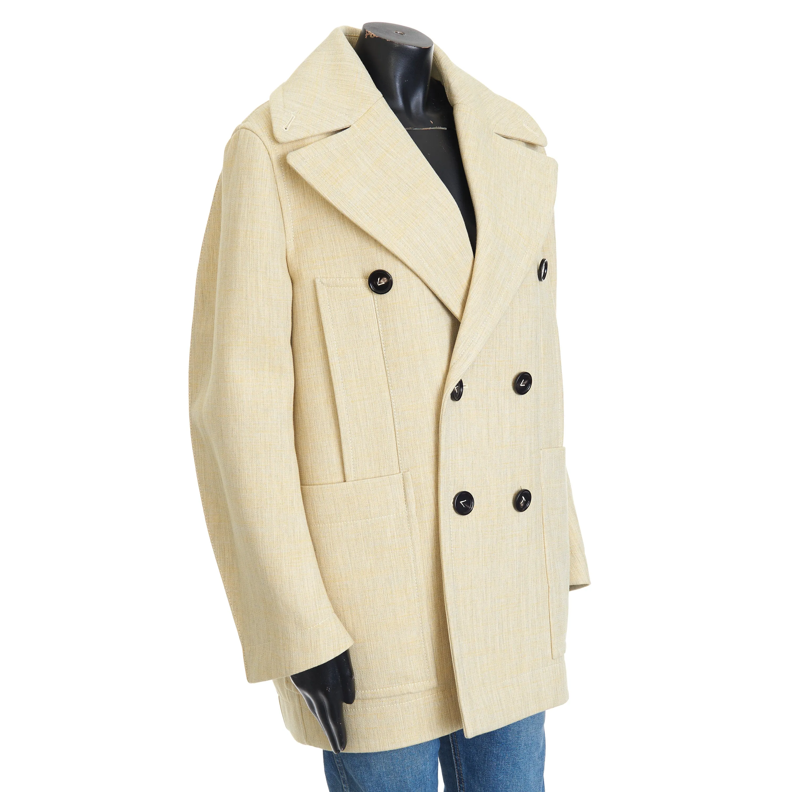 Curved Shape Double Wool Coat In Oatmeal Beige Melange Cotton & Wool Blend