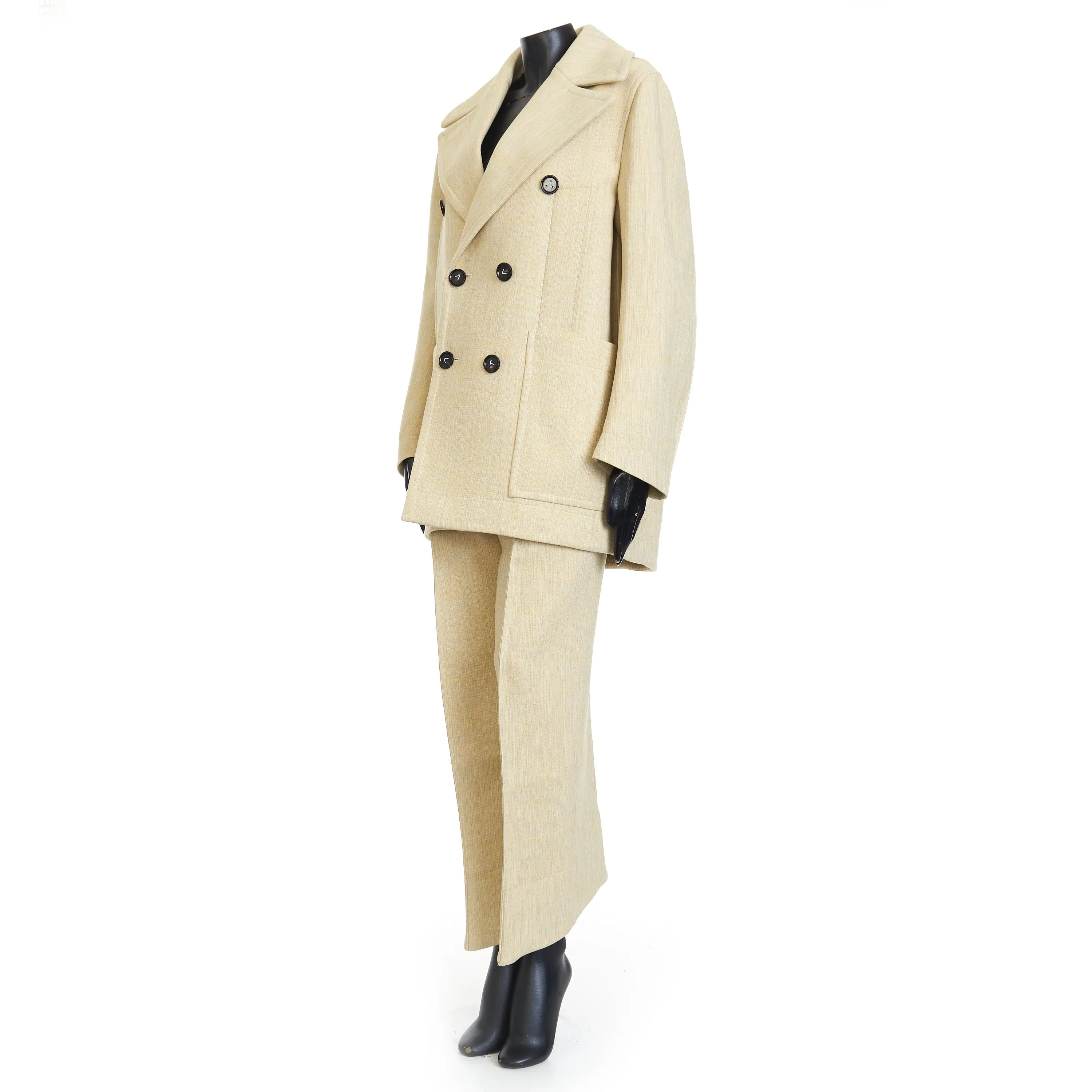 Curved Shape Double Wool Coat In Oatmeal Beige Melange Cotton & Wool Blend