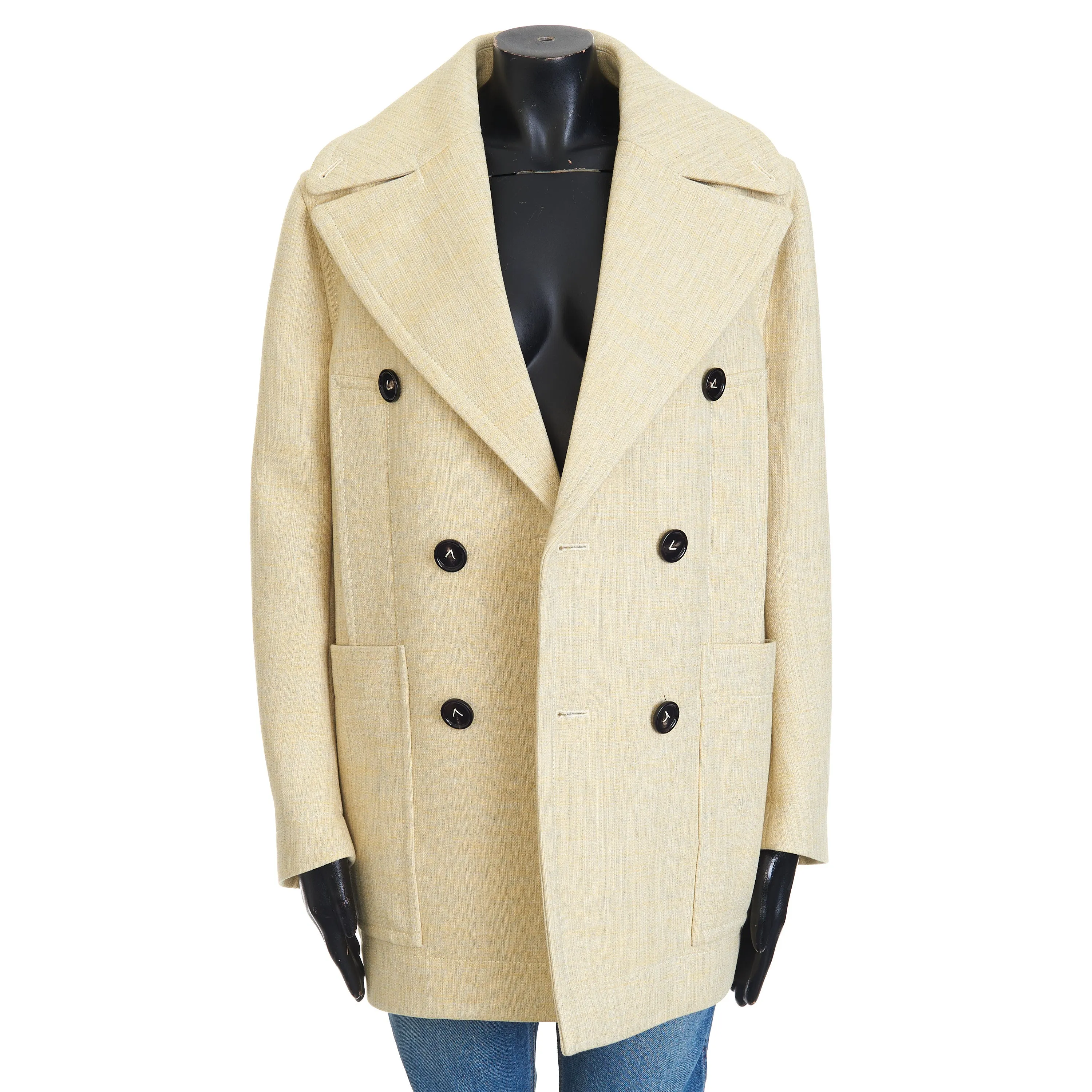 Curved Shape Double Wool Coat In Oatmeal Beige Melange Cotton & Wool Blend